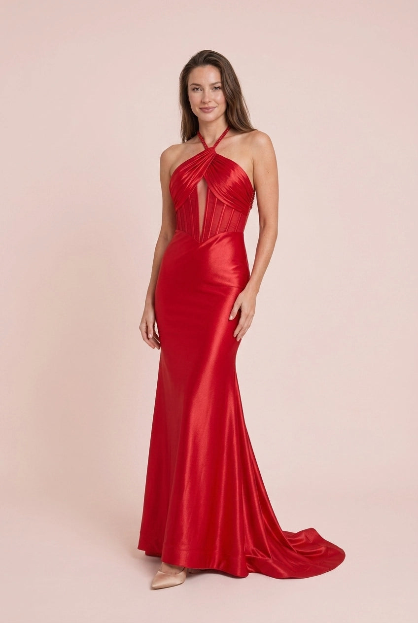Elegant Mermaid Halter Plunging Ruched Backless Red Floor-Length Prom Dress
