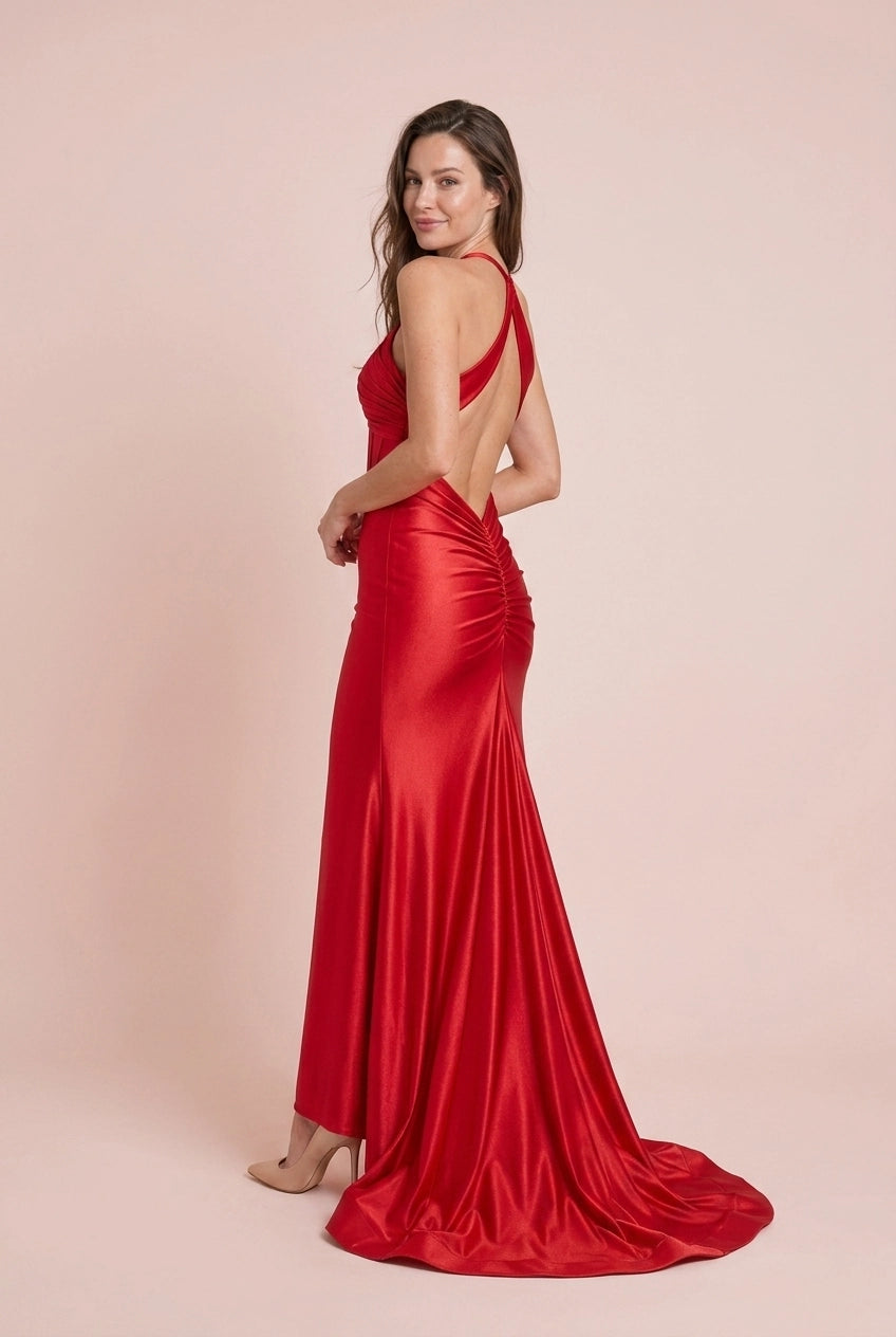Elegant Mermaid Halter Plunging Ruched Backless Red Floor-Length Prom Dress