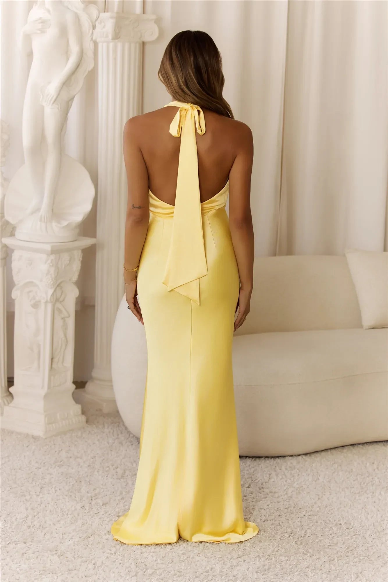 Elegant Mermaid Halter Ruched Backless Satin Yellow Floor-Length Prom Dress