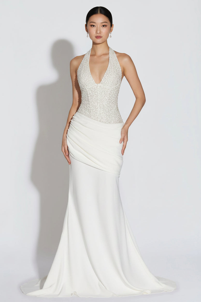 Elegant Mermaid Halter Sleeveless Sequins Beaded Ivory Floor-Length Prom Dress