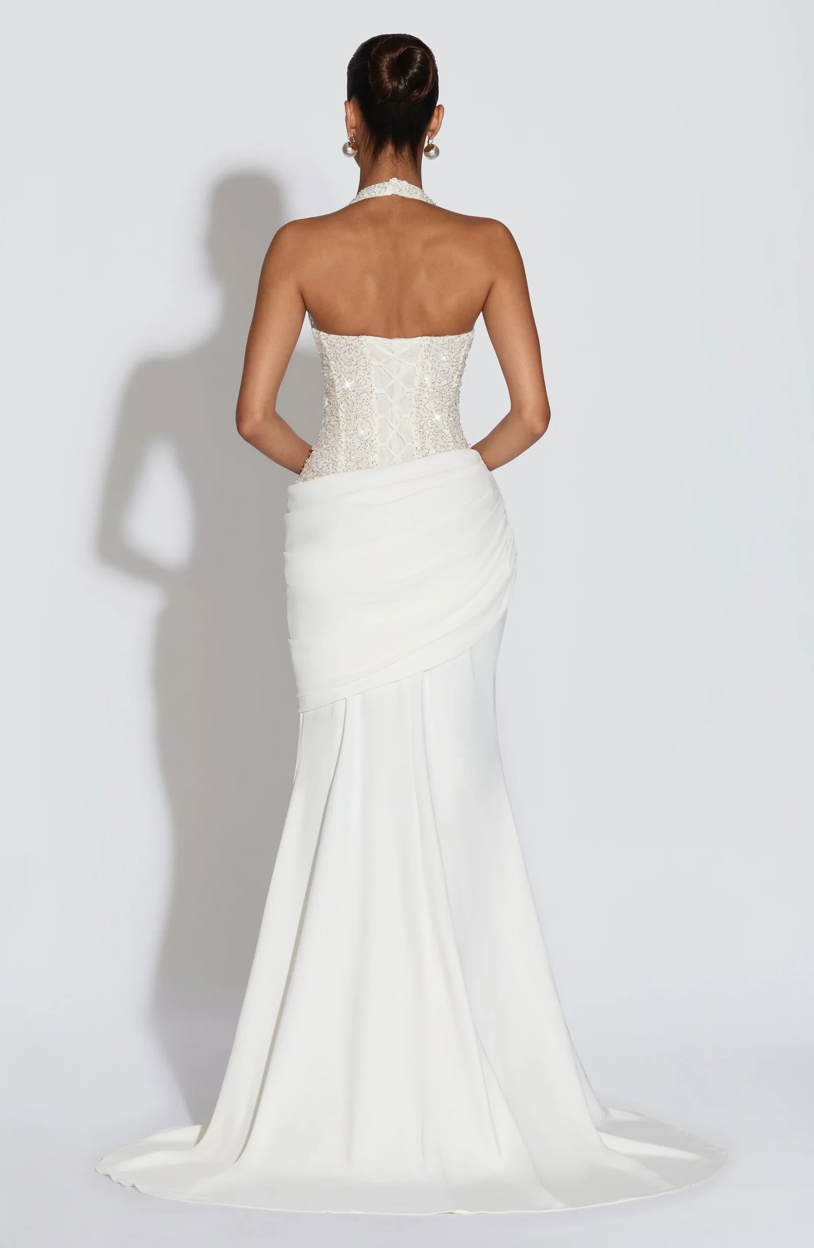 Elegant Mermaid Halter Sleeveless Sequins Beaded Ivory Floor-Length Prom Dress
