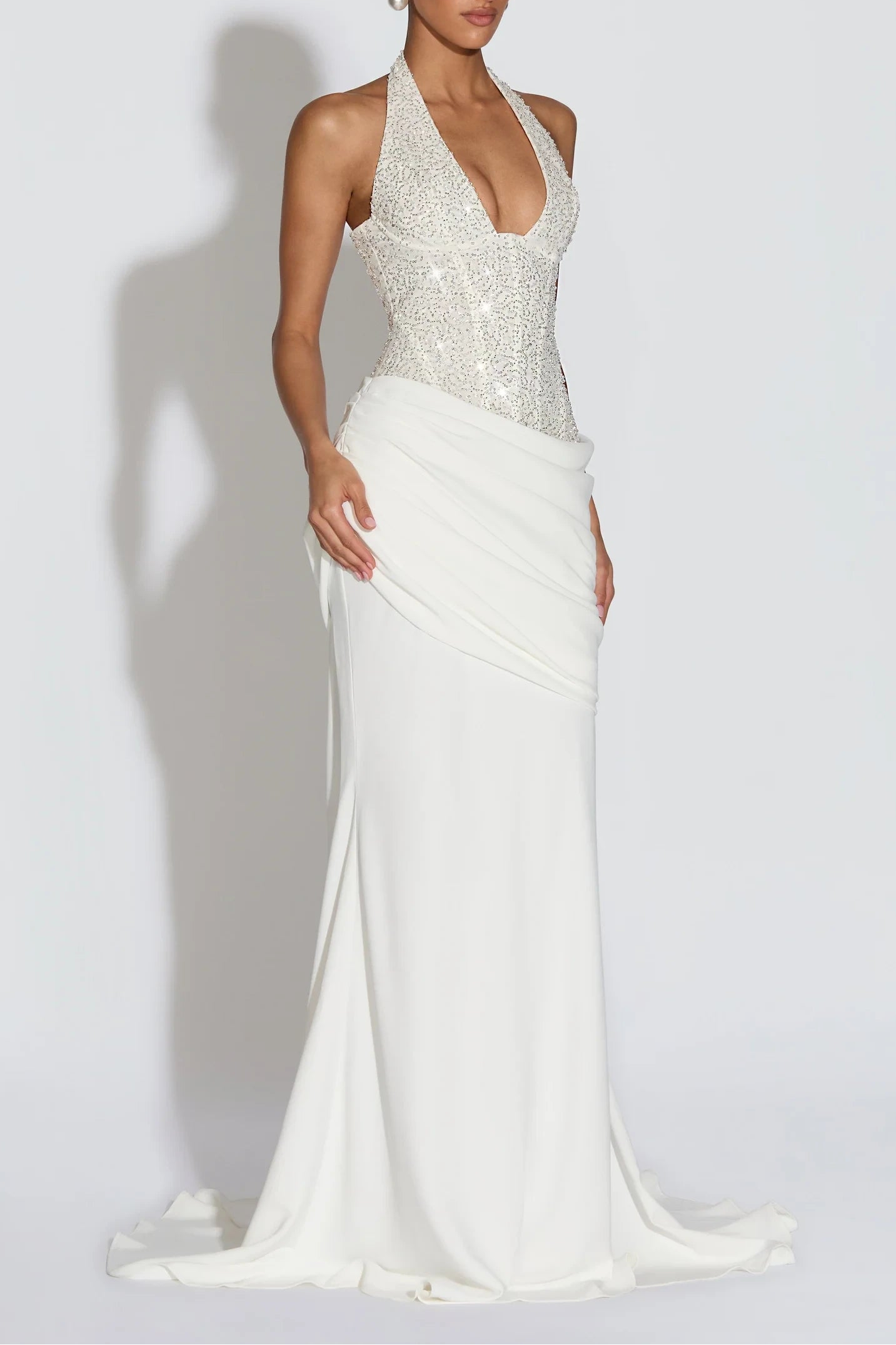 Elegant Mermaid Halter Sleeveless Sequins Beaded Ivory Floor-Length Prom Dress