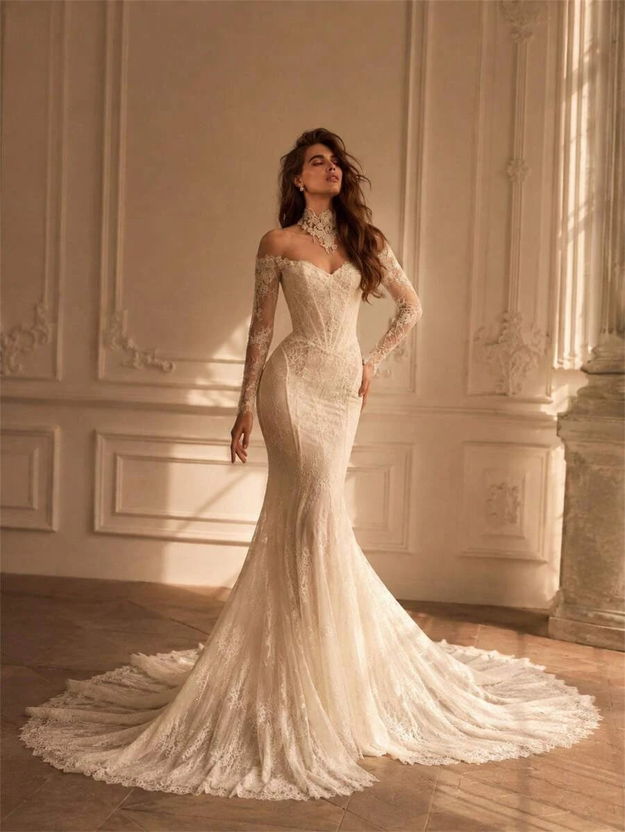 Elegant Mermaid Off-Shoulder Long Sleeve Corset Lace Ivory Train Wedding Dress