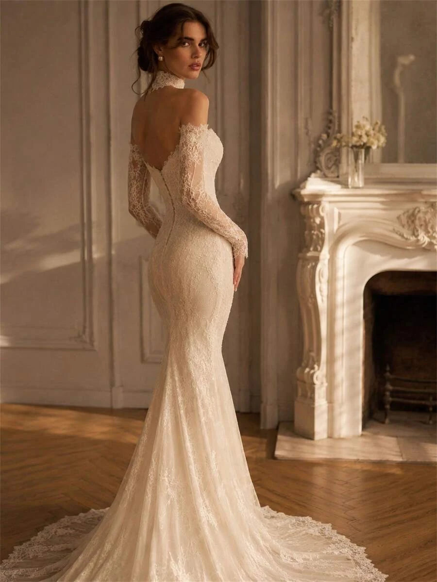 Elegant Mermaid Off-Shoulder Long Sleeve Corset Lace Ivory Train Wedding Dress