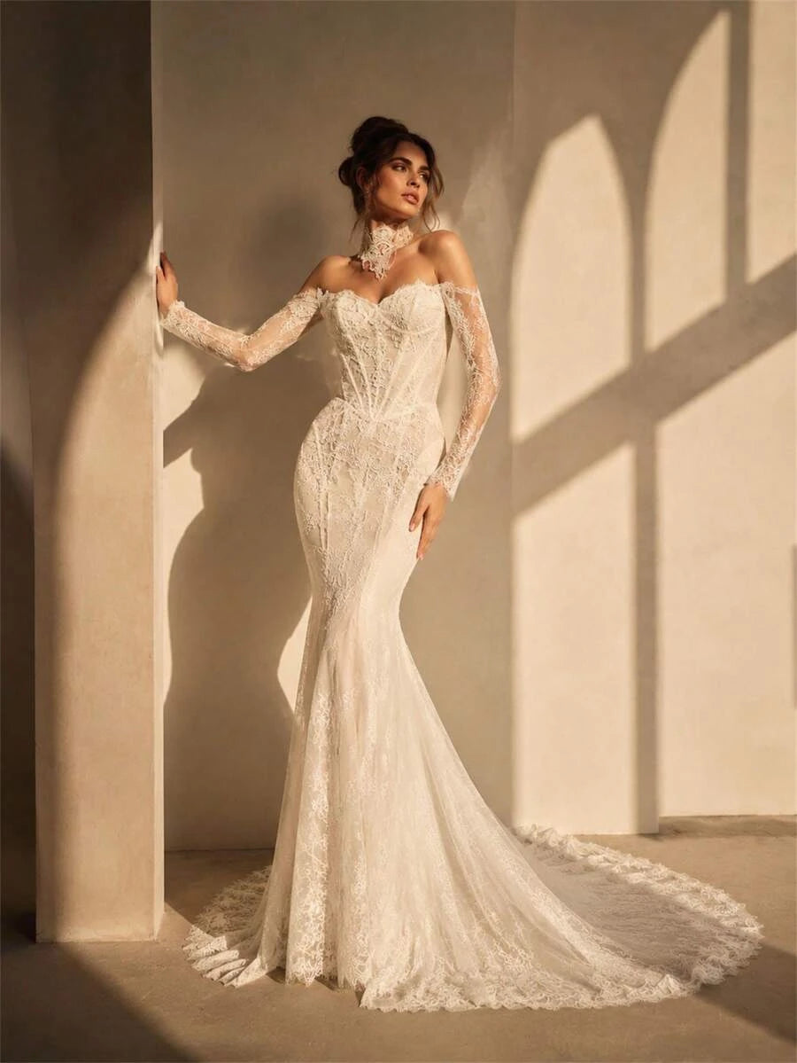 Elegant Mermaid Off-Shoulder Long Sleeve Corset Lace Ivory Train Wedding Dress