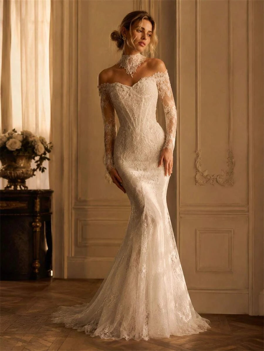 Elegant Mermaid Off-Shoulder Long Sleeve Corset Lace Ivory Train Wedding Dress