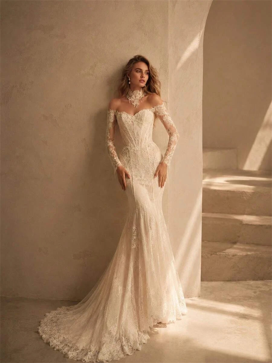 Elegant Mermaid Off-Shoulder Long Sleeve Corset Lace Ivory Train Wedding Dress