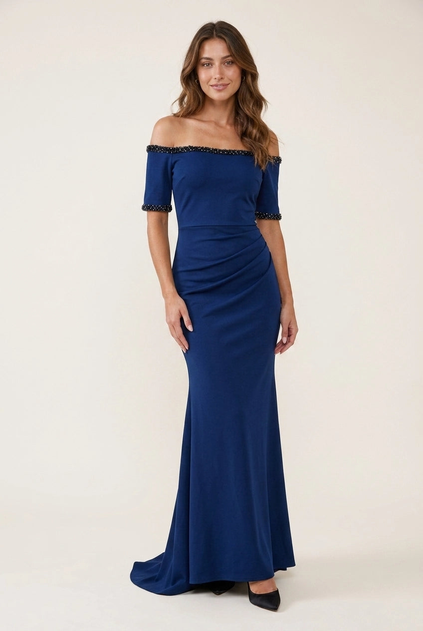 Elegant Mermaid Off-Shoulder Short Sleeve Beaded Ruched Royal Blue Floor-Length Prom Dress