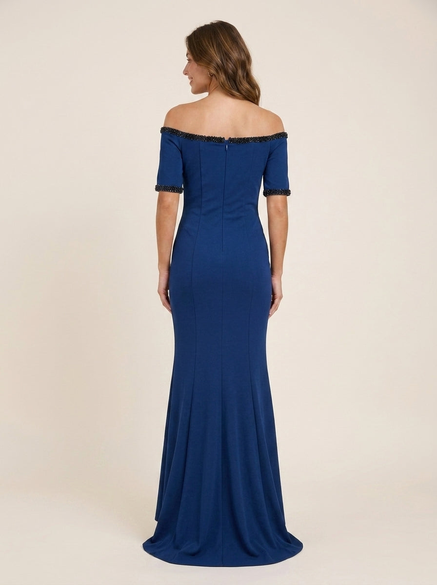 Elegant Mermaid Off-Shoulder Short Sleeve Beaded Ruched Royal Blue Floor-Length Prom Dress