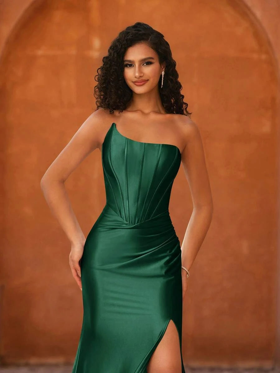 Elegant Mermaid One-Shoulder Corset High Slit Satin Emerald Green Floor-Length Prom Dress