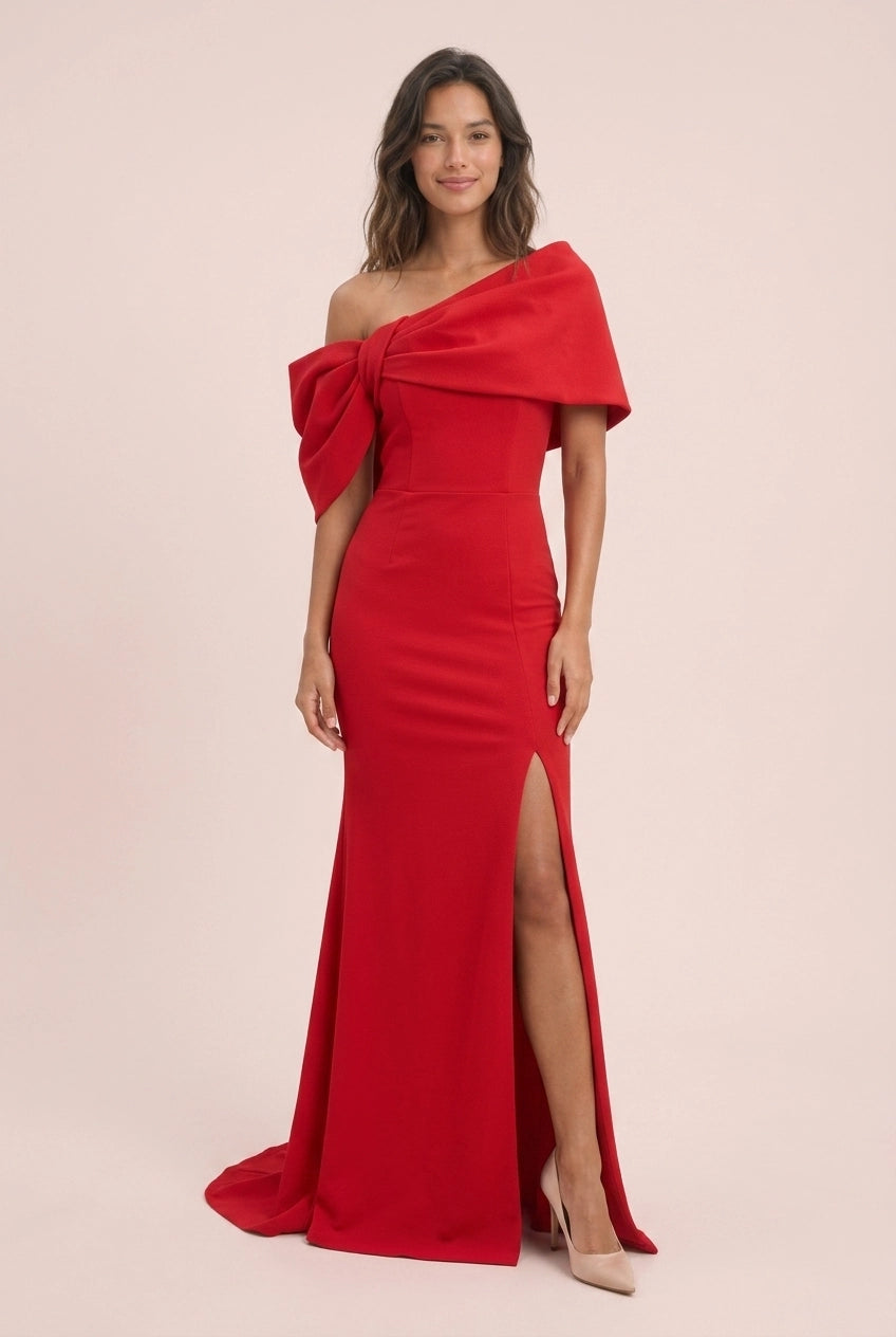 Elegant Mermaid One-Shoulder Draped Bow High Slit Red Floor-Length Prom Dress