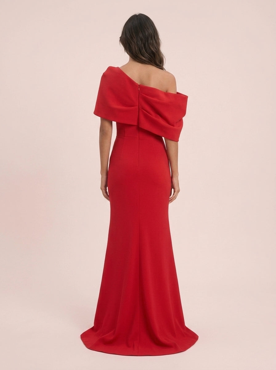 Elegant Mermaid One-Shoulder Draped Bow High Slit Red Floor-Length Prom Dress