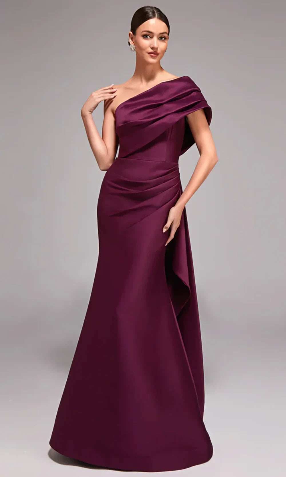 Elegant Mermaid One-Shoulder Ruched Drape Plum Floor-Length Prom Dress