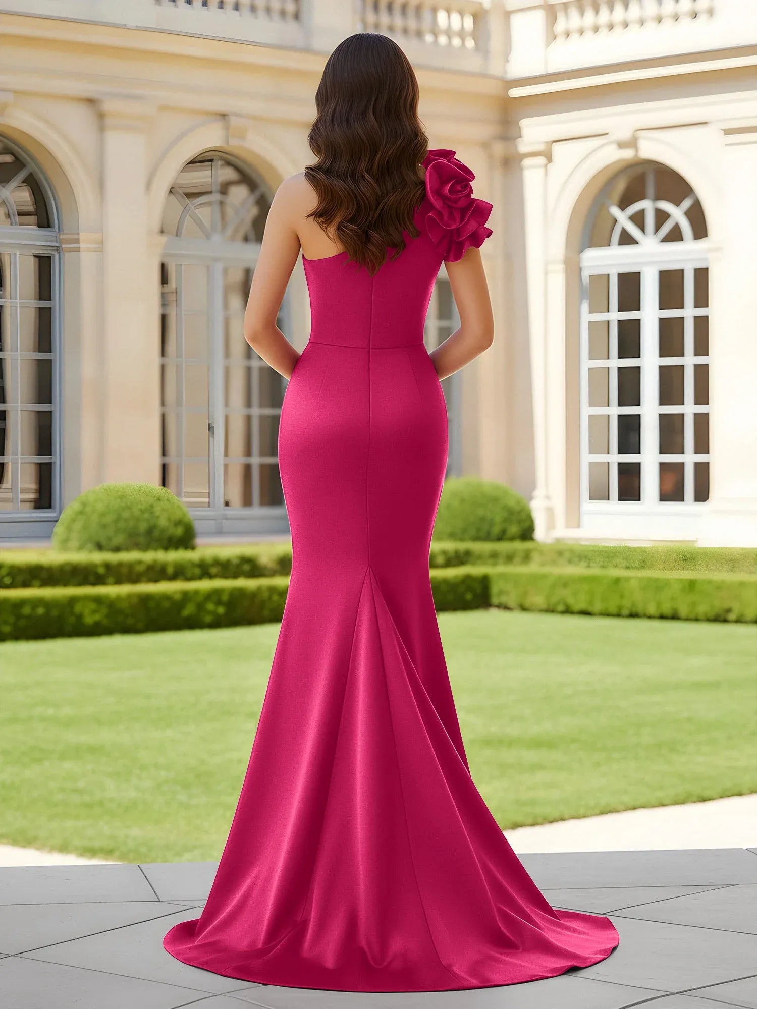 Elegant Mermaid One-Shoulder Ruched Ruffle Floral Fuchsia Floor-Length Prom Dress