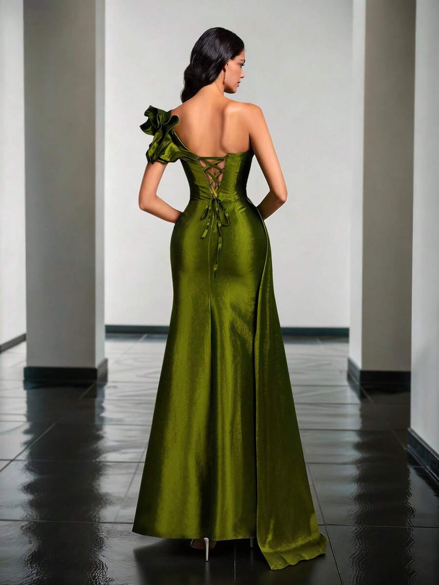 Elegant Mermaid One-Shoulder Ruffled Ruched Olive Green Floor-Length Prom Dress