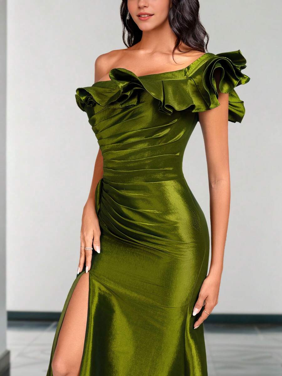 Elegant Mermaid One-Shoulder Ruffled Ruched Olive Green Floor-Length Prom Dress