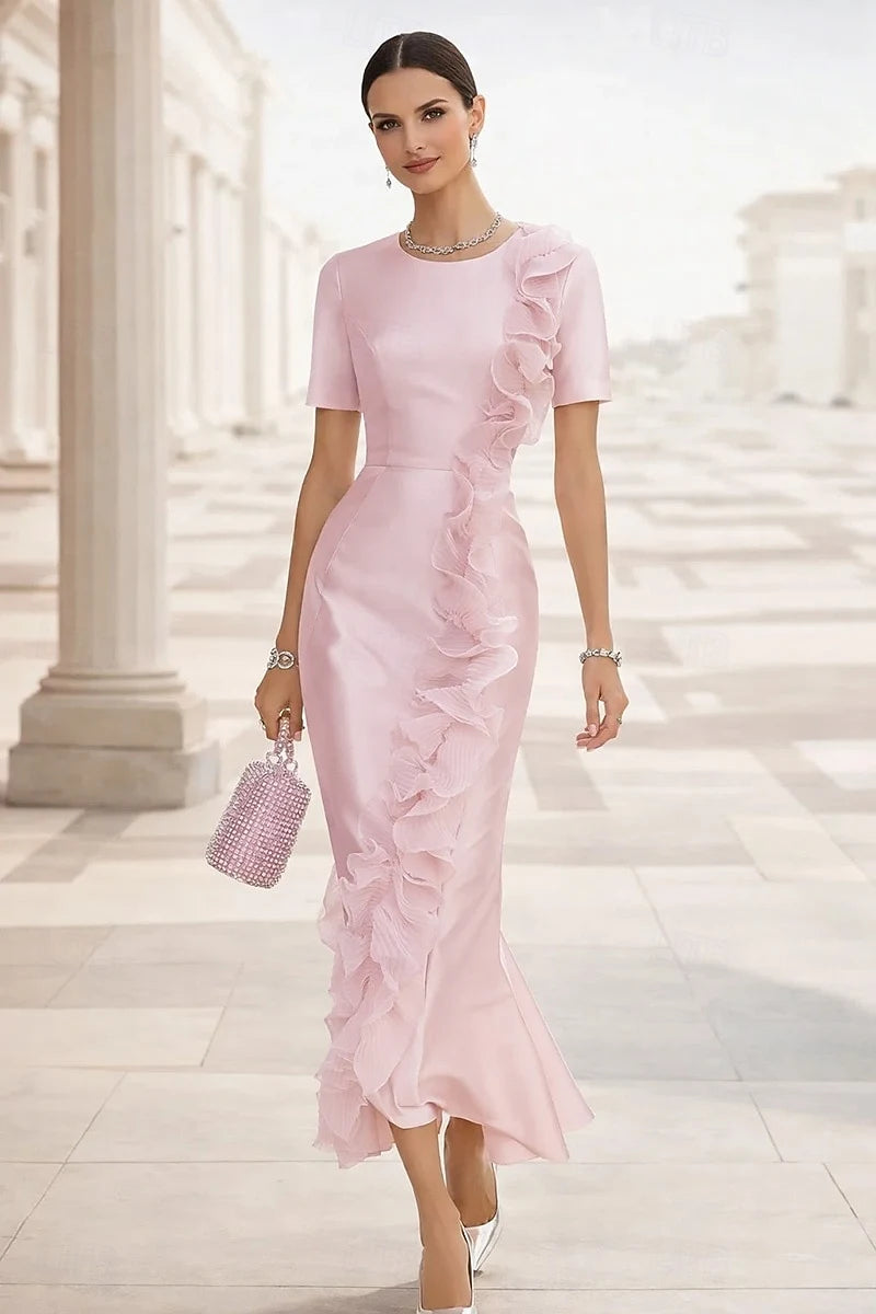 Elegant Mermaid Round Neck Short Sleeve Ruffled Pink Midi Prom Dress
