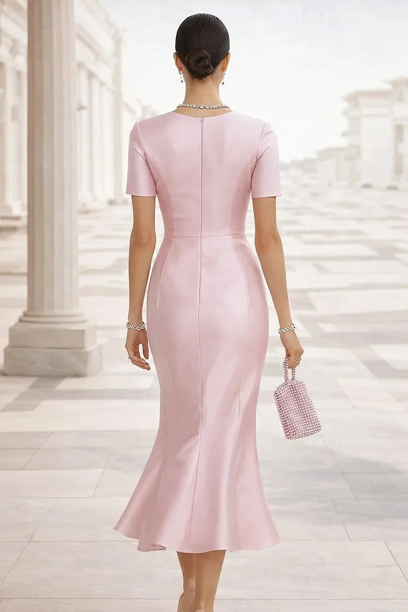 Elegant Mermaid Round Neck Short Sleeve Ruffled Pink Midi Prom Dress