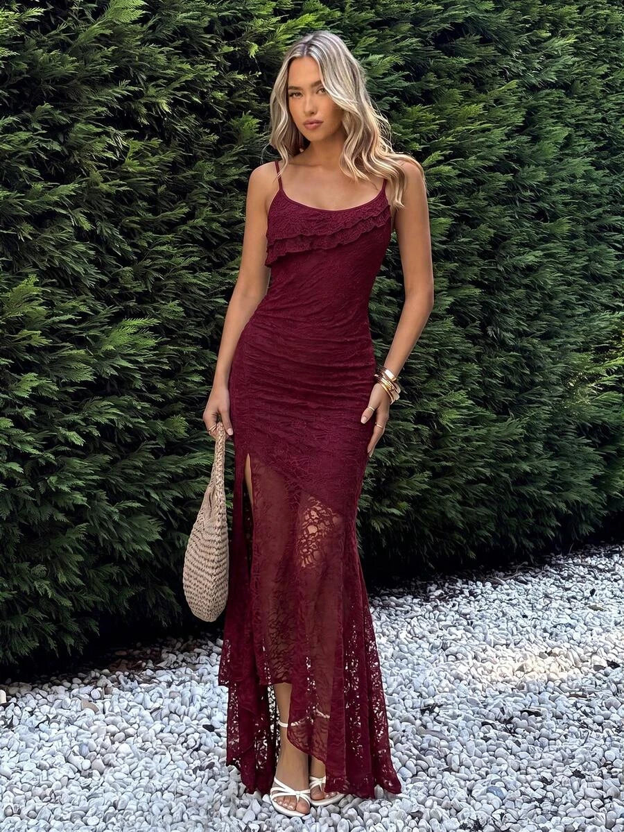 Elegant Mermaid Spaghetti Ruffled Slit Burgundy Floor-Length Prom Dress