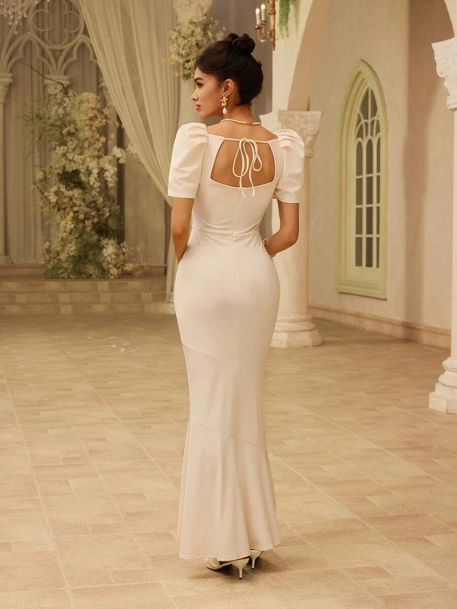 Elegant Mermaid Square Neck Puff Sleeve Ruched Asymmetrical Cream Maxi Prom Dress