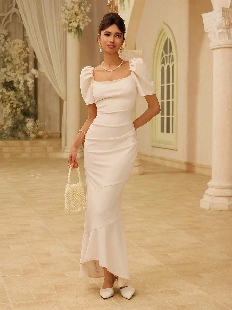 Elegant Mermaid Square Neck Puff Sleeve Ruched Asymmetrical Cream Maxi Prom Dress