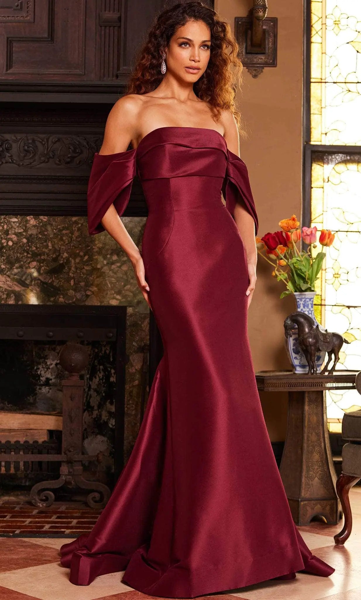 Elegant Mermaid Strapless Draped Sleeves Burgundy Prom Dress With Sweep Train