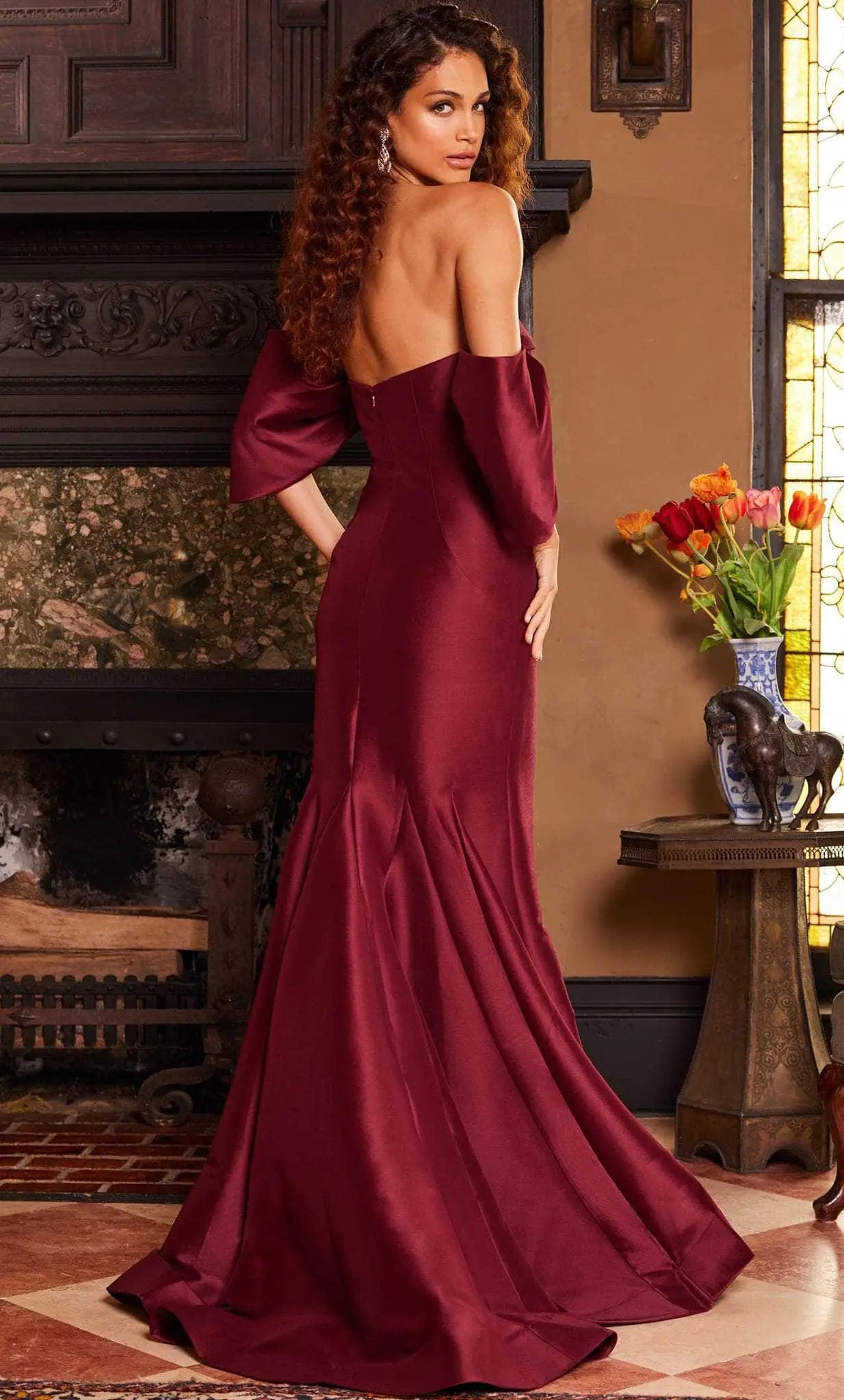 Elegant Mermaid Strapless Draped Sleeves Burgundy Prom Dress With Sweep Train