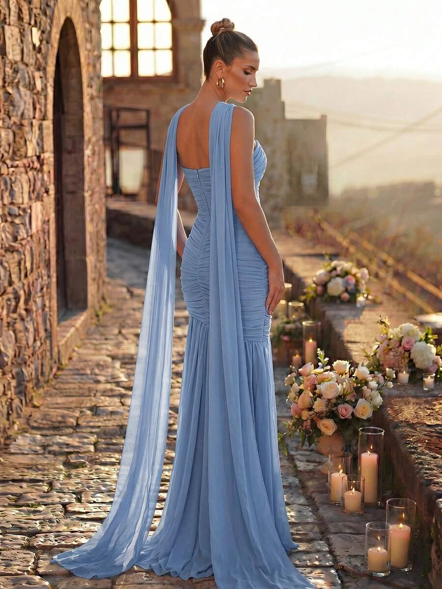 Elegant Mermaid Strapless Ruched High Slit Dusty Blue Floor-Length Prom Dress With Scarf