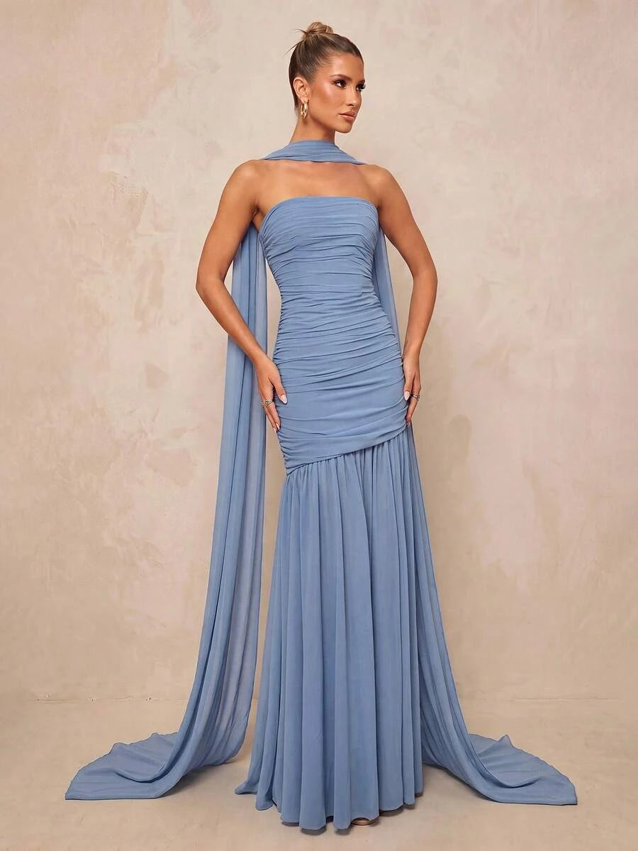 Elegant Mermaid Strapless Ruched High Slit Dusty Blue Floor-Length Prom Dress With Scarf
