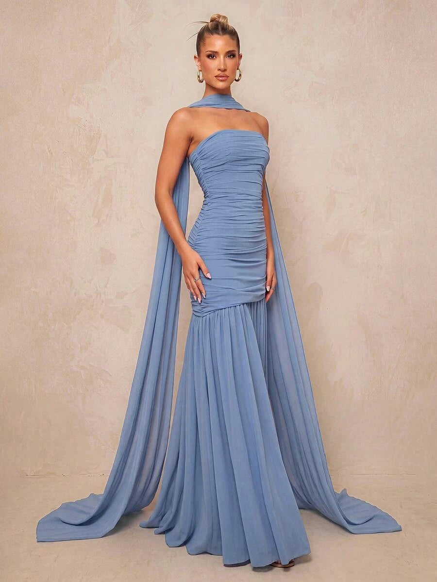 Elegant Mermaid Strapless Ruched High Slit Dusty Blue Floor-Length Prom Dress With Scarf