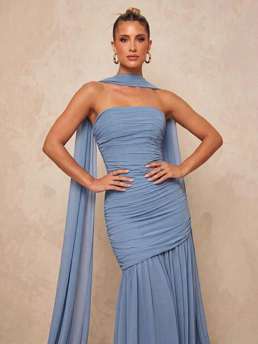 Elegant Mermaid Strapless Ruched High Slit Dusty Blue Floor-Length Prom Dress With Scarf