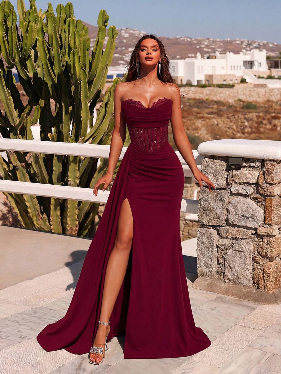 Elegant Mermaid Sweetheart Strapless Corset Sheer Lace Slit Wine Red Floor-Length Prom Dress