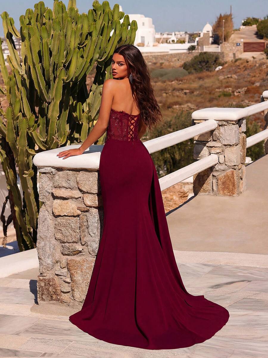 Elegant Mermaid Sweetheart Strapless Corset Sheer Lace Slit Wine Red Floor-Length Prom Dress