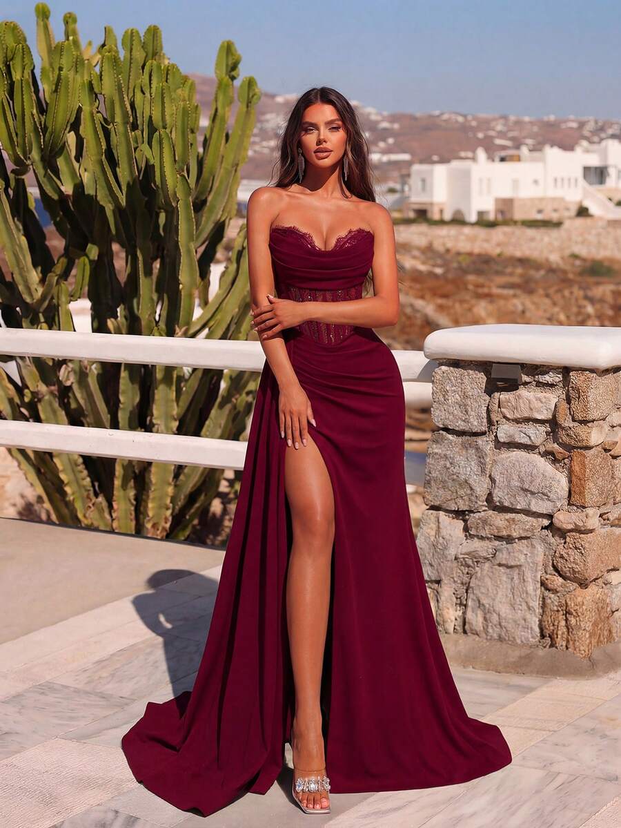 Elegant Mermaid Sweetheart Strapless Corset Sheer Lace Slit Wine Red Floor-Length Prom Dress