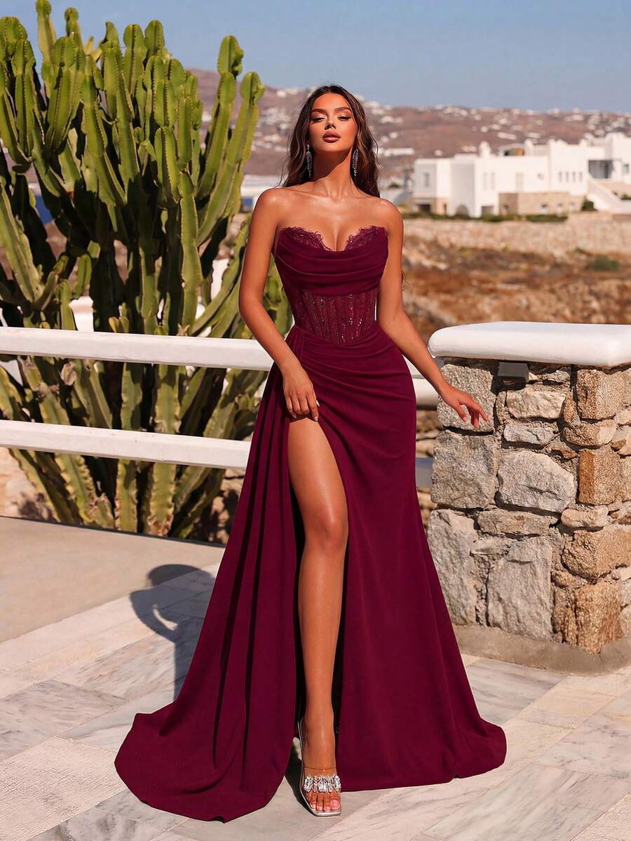 Elegant Mermaid Sweetheart Strapless Corset Sheer Lace Slit Wine Red Floor-Length Prom Dress