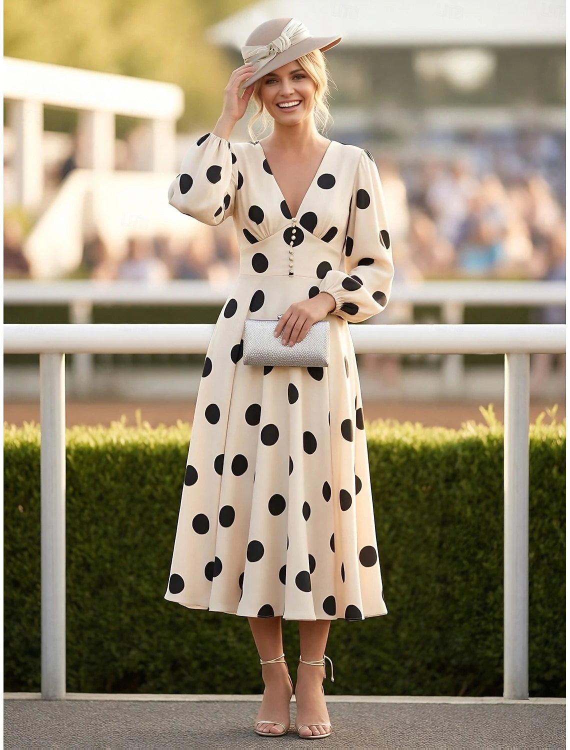 Elegant Retro A-Line V-Neck Long Sleeve Polka Dot Cream Tea Length Prom Dress