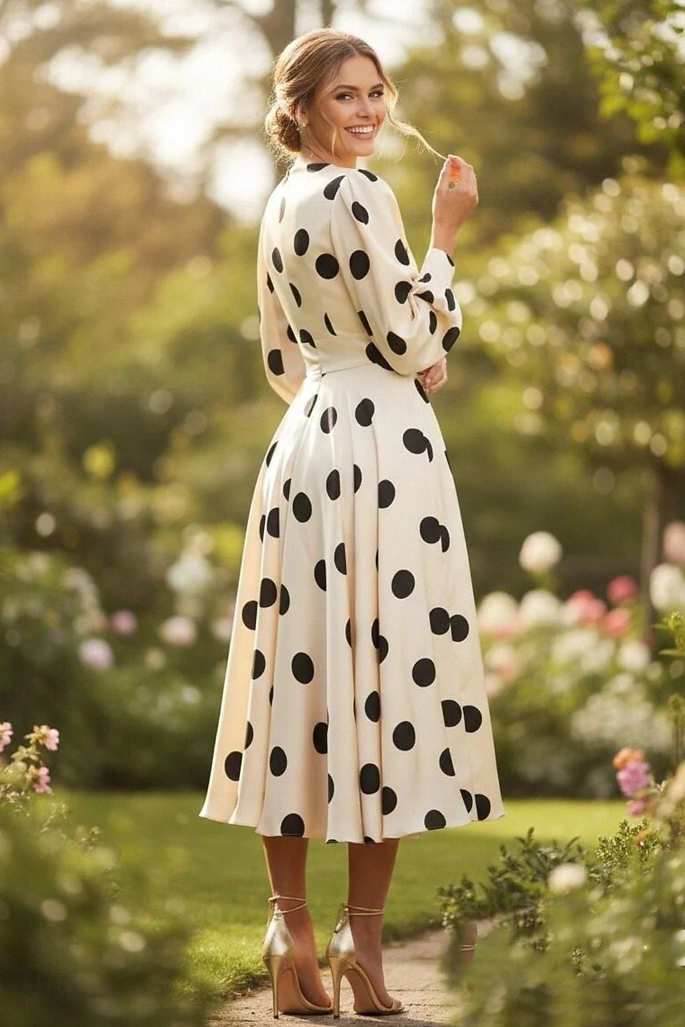 Elegant Retro A-Line V-Neck Long Sleeve Polka Dot Cream Tea Length Prom Dress