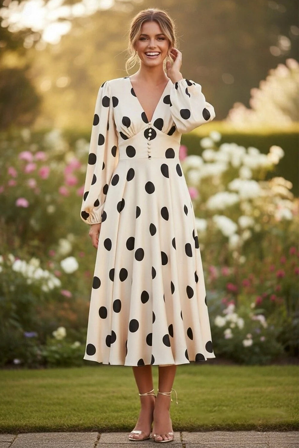 Elegant Retro A-Line V-Neck Long Sleeve Polka Dot Cream Tea Length Prom Dress