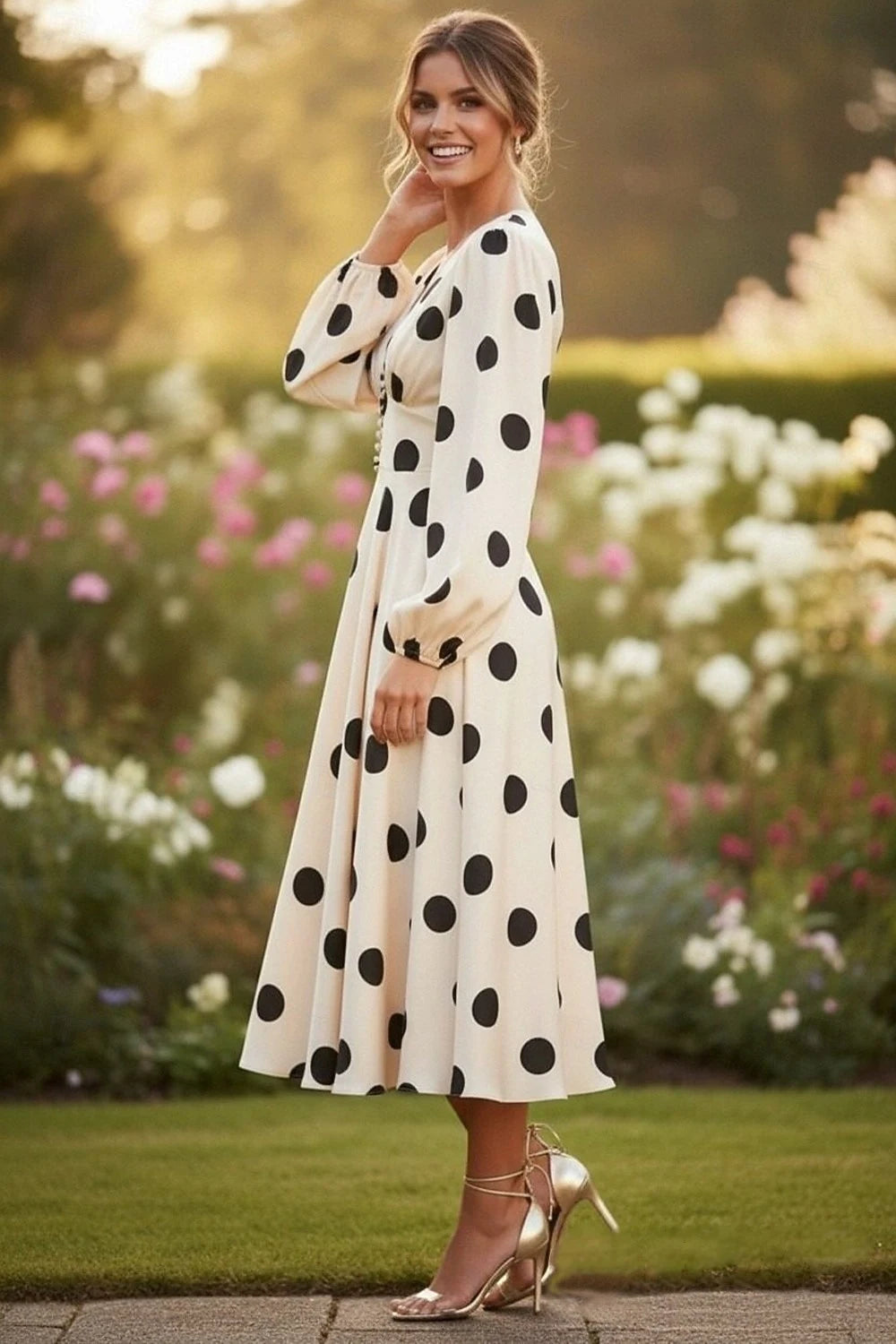 Elegant Retro A-Line V-Neck Long Sleeve Polka Dot Cream Tea Length Prom Dress