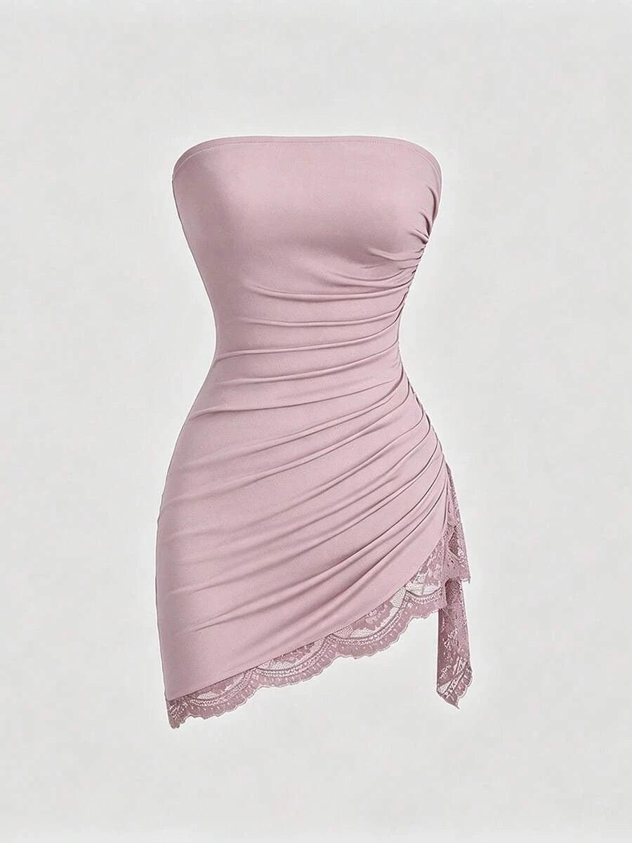 Elegant Ruched Strapless Ruched Lace Trim Dusty Pink Mini Homecoming Dress