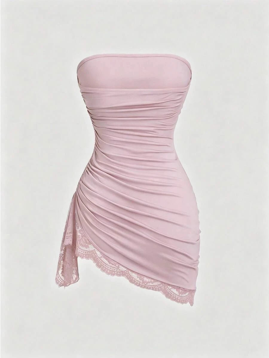 Elegant Ruched Strapless Ruched Lace Trim Dusty Pink Mini Homecoming Dress