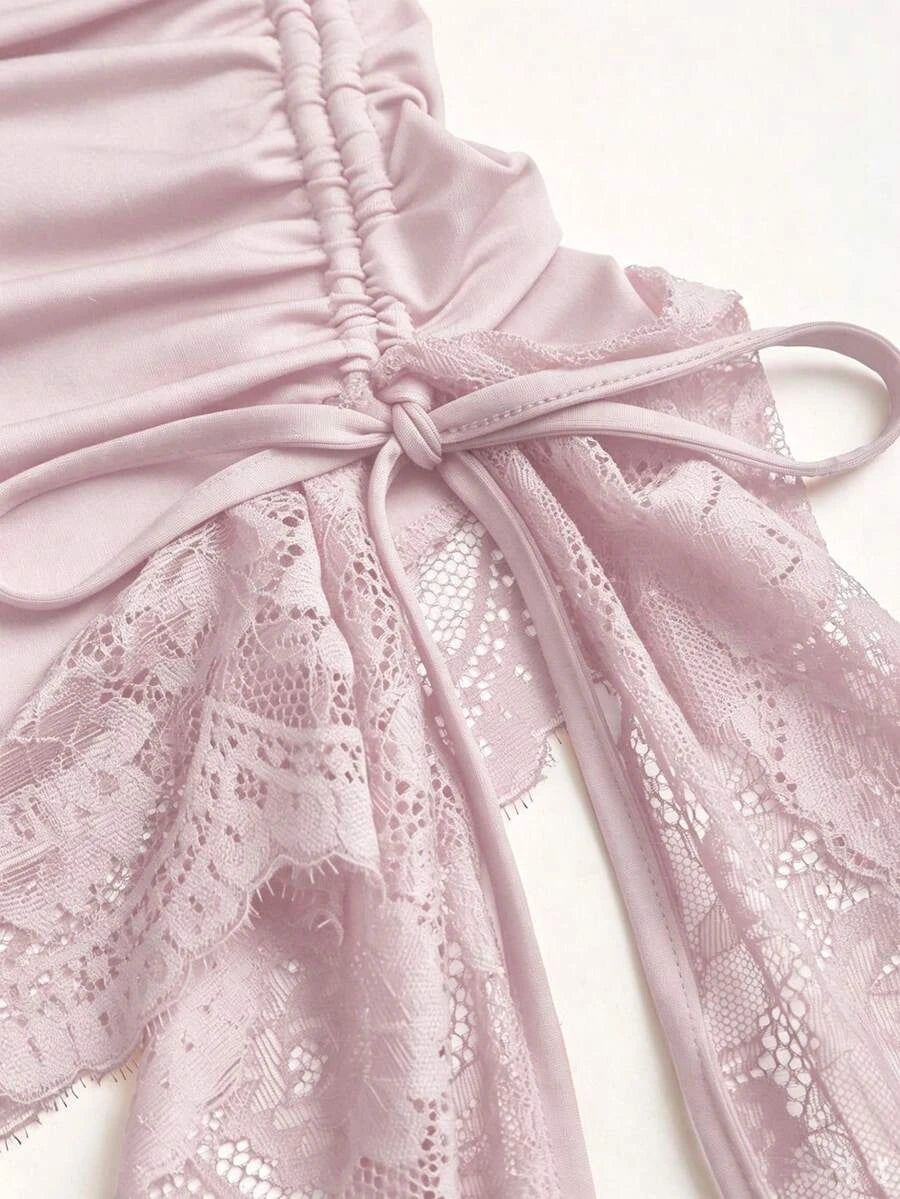 Elegant Ruched Strapless Ruched Lace Trim Dusty Pink Mini Homecoming Dress
