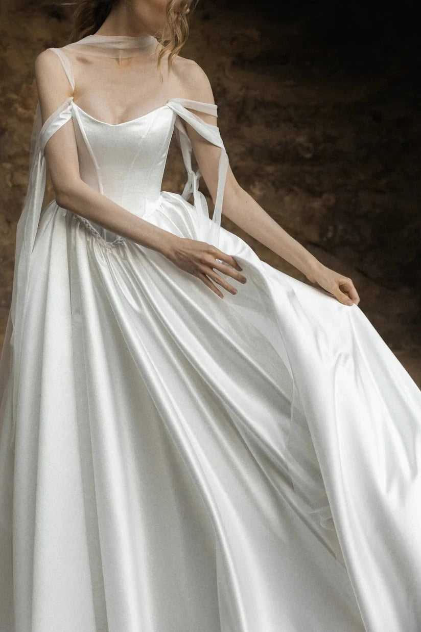 Elegant Satin White Wedding Dress Corset Wedding Dress A-line Off Shoulder Wedding Dress Victorian Wedding Dress Low Waist Wedding Dress