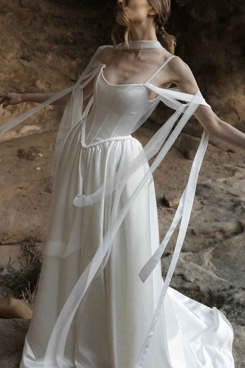 Elegant Satin White Wedding Dress Corset Wedding Dress A-line Off Shoulder Wedding Dress Victorian Wedding Dress Low Waist Wedding Dress