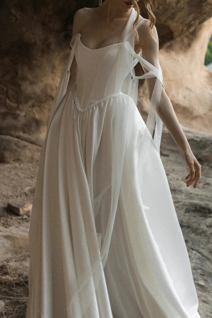 Elegant Satin White Wedding Dress Corset Wedding Dress A-line Off Shoulder Wedding Dress Victorian Wedding Dress Low Waist Wedding Dress