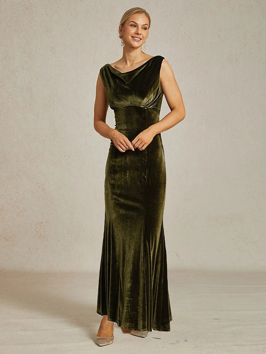 Elegant Sheath Cowl Neck Draped Sophisticated Olive Green Floor-Length Prom Dress