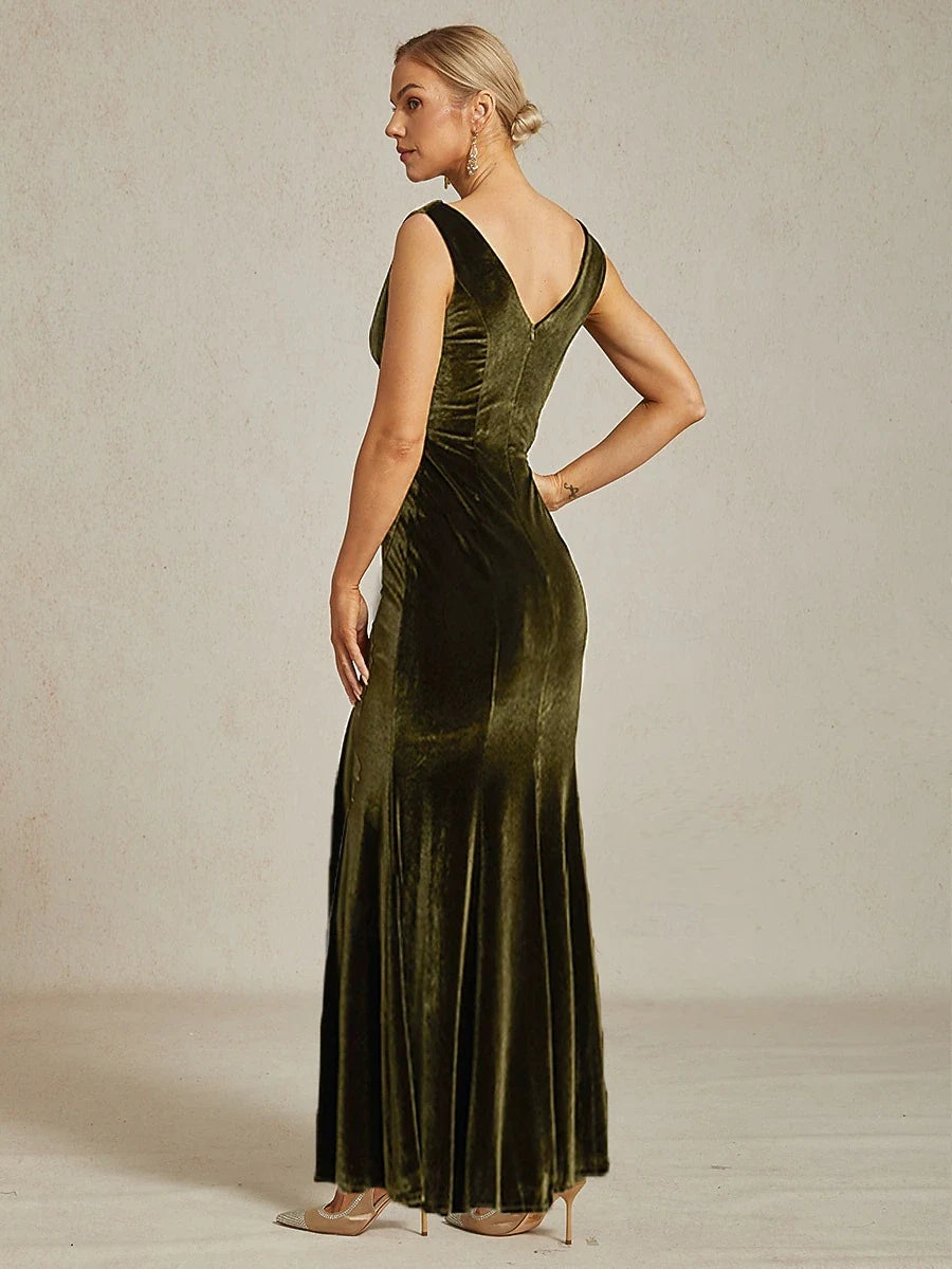 Elegant Sheath Cowl Neck Draped Sophisticated Olive Green Floor-Length Prom Dress