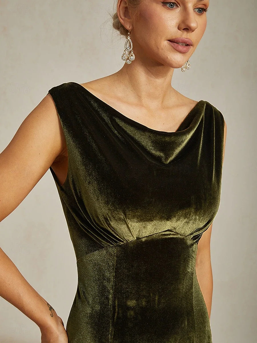Elegant Sheath Cowl Neck Draped Sophisticated Olive Green Floor-Length Prom Dress