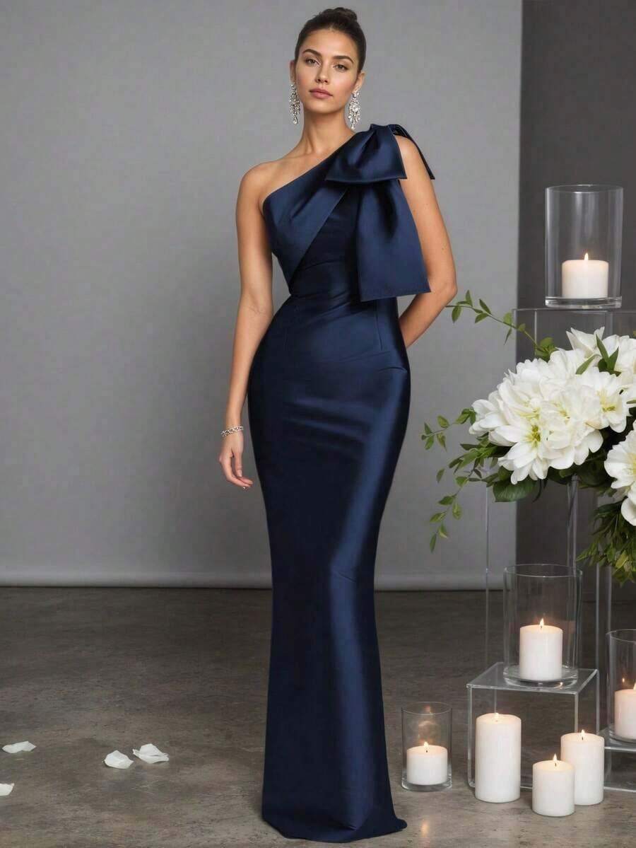 Elegant Sheath One-Shoulder Bow Detail Navy Blue Floor-Length Prom Dress