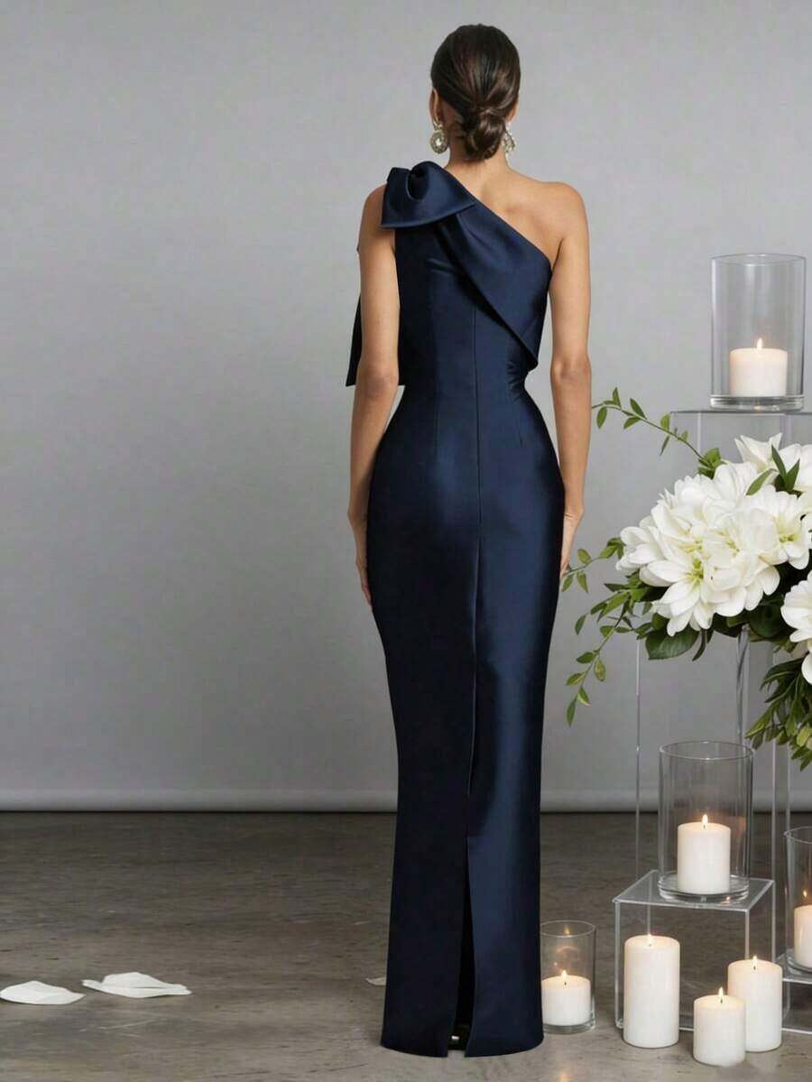 Elegant Sheath One-Shoulder Bow Detail Navy Blue Floor-Length Prom Dress